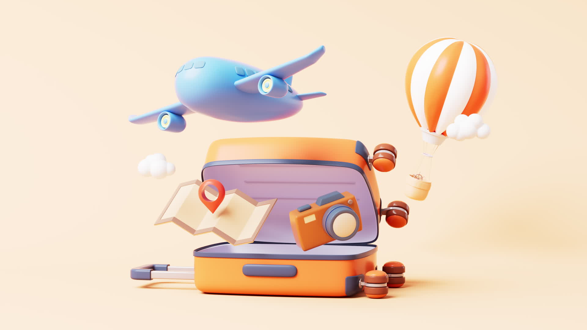 卡通行李箱与旅行主题循环动画3D渲染视频的预览图
