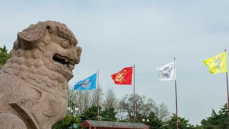 清福陵东陵正红门石狮子和八旗旗帜飘扬视频的预览图