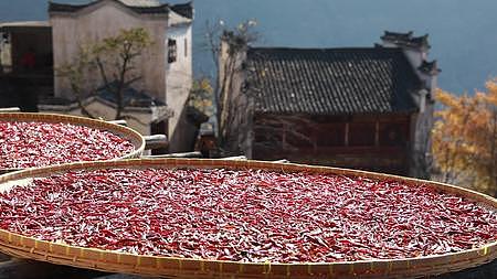 篁岭晒秋屋顶上的红辣椒视频的预览图