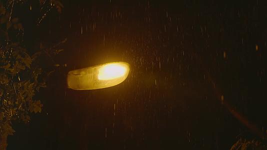 路灯灯光下的倾盆大雨视频的预览图