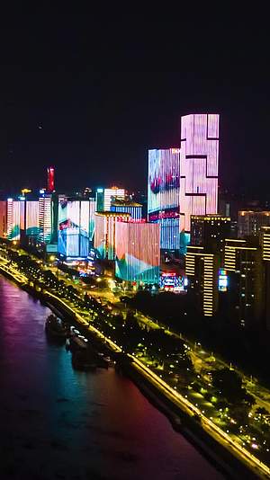 航拍福州闽江金融街灯光秀移动延时摄影视频的预览图