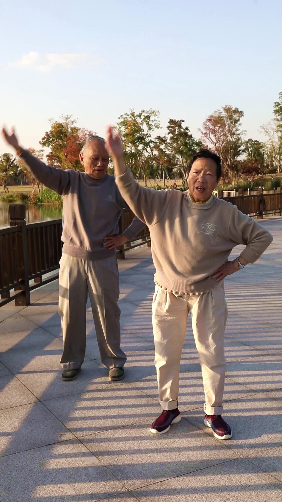 在户外公园运动锻炼的老年夫妻视频的预览图