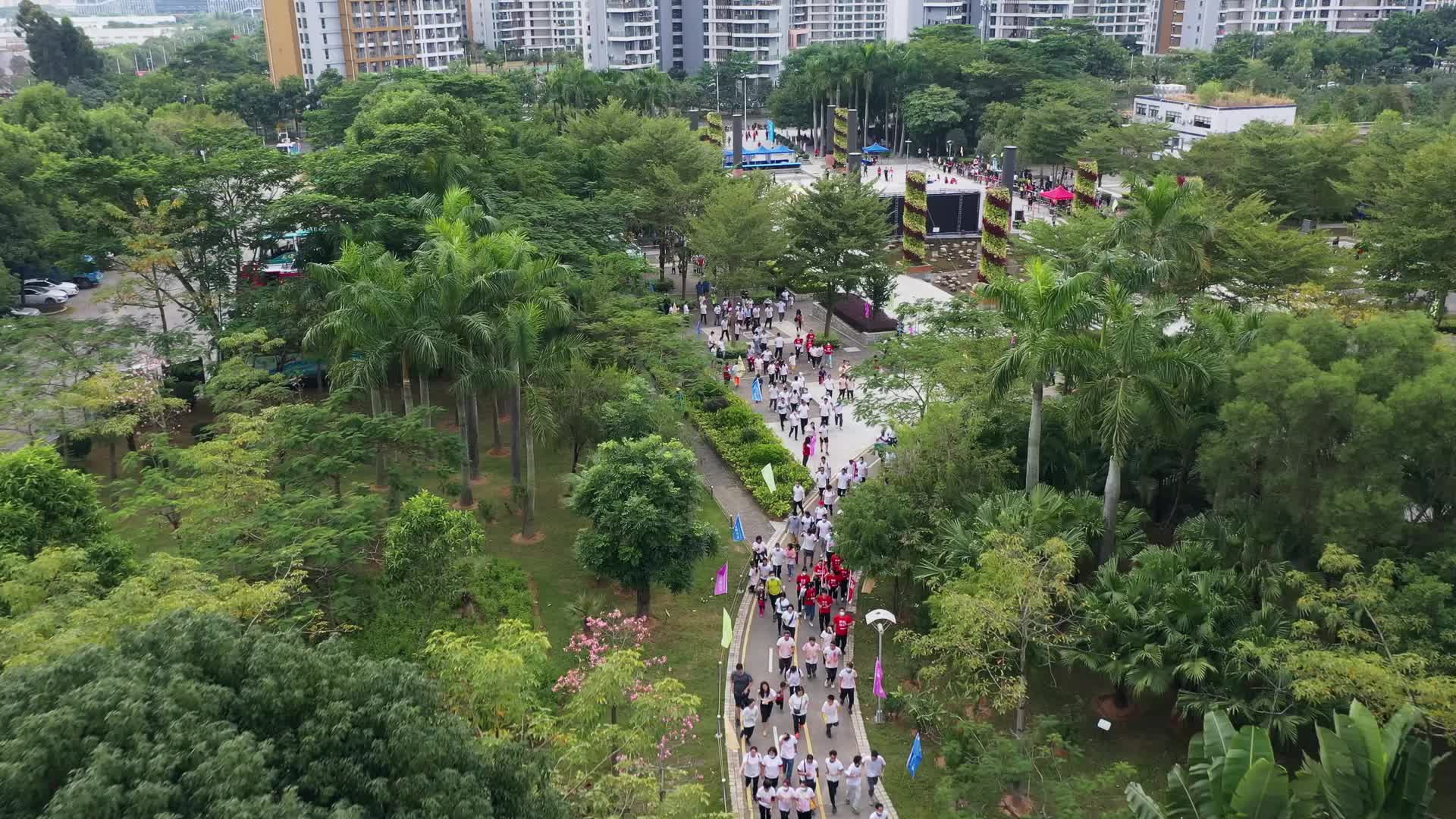 深圳坪山新区彩色马拉松跑步比赛现场航拍实拍视频视频的预览图
