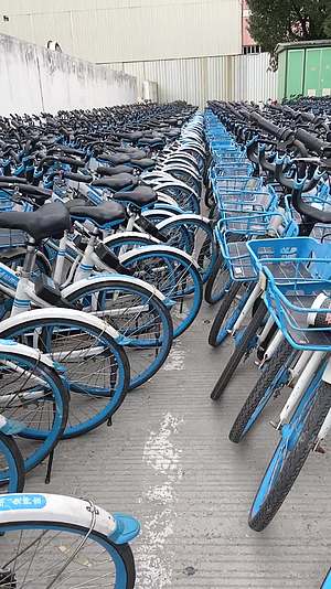 上海街头停放整齐的蓝色共享单车视频的预览图