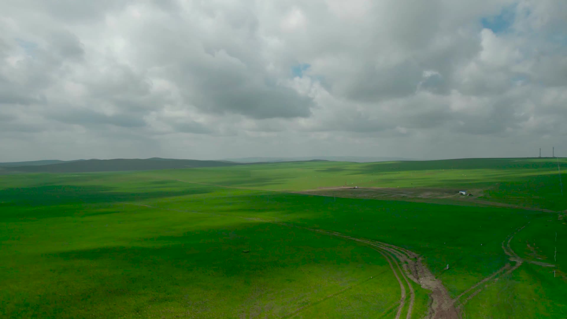 5k航拍云雾笼罩下的金秋草原以及散落在草原上的牛羊视频的预览图