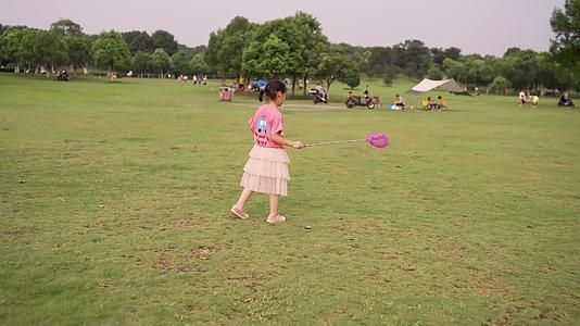 公园里扑蜻蜓的小女孩视频的预览图