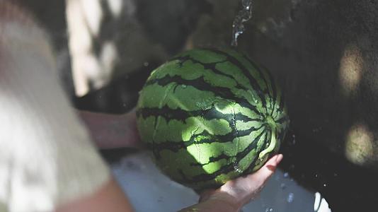 水果夏天洗西瓜冰爽解暑清凉水珠视频的预览图
