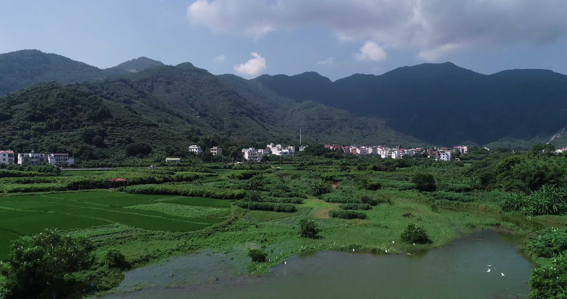 常太镇东圳水库美丽乡村岭下村山水风景航拍视频的预览图
