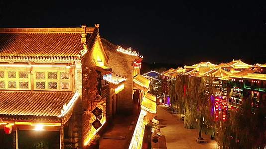 石家庄龙泉古镇小镇旅游景区夜景航拍视频的预览图