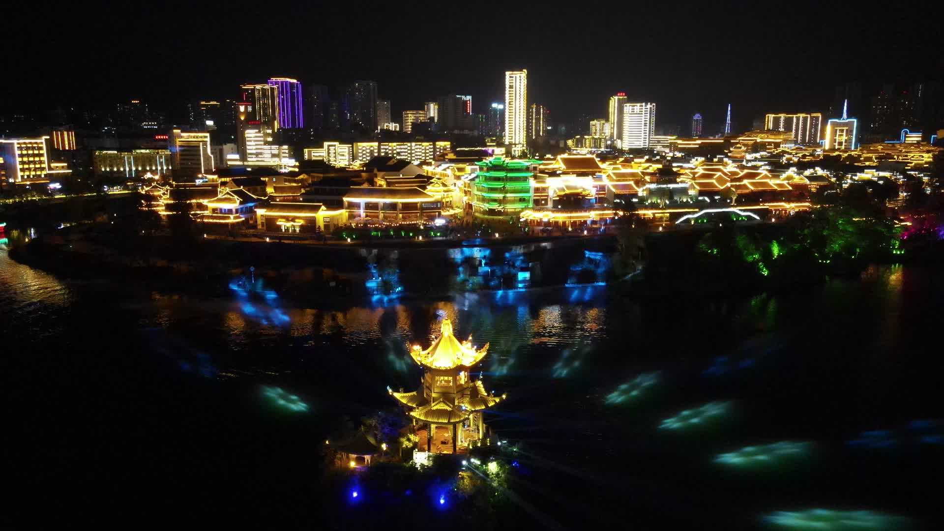 贵州铜仁古城夜景灯光航拍视频视频的预览图