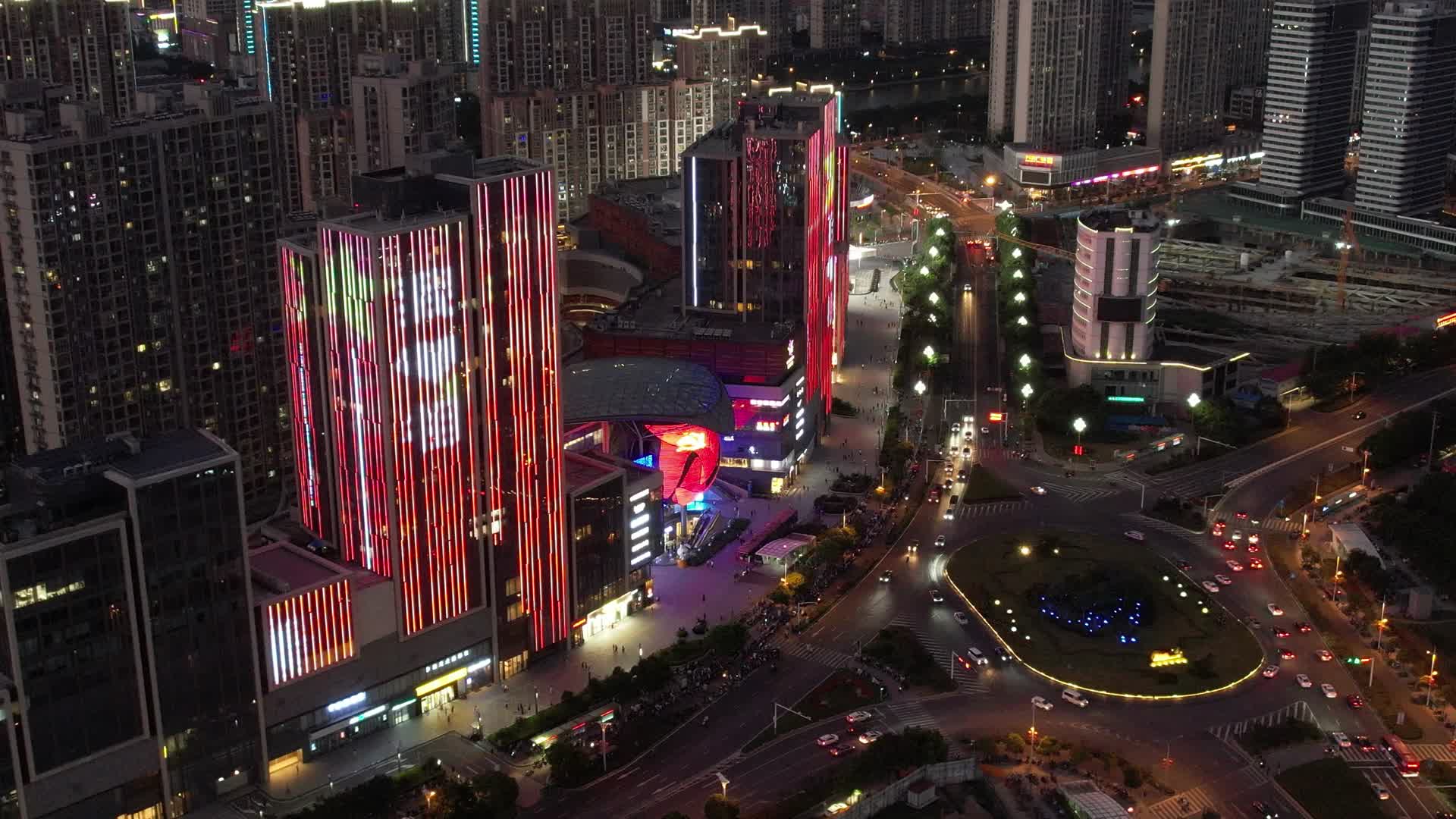 4K航拍南京城市地标六合欢乐港商业中心夜景视频的预览图