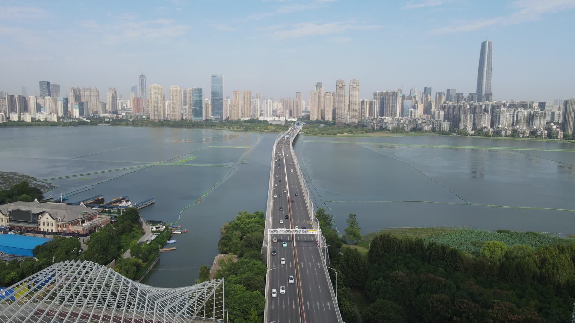 航拍湖北武汉沙湖大桥穿梭的车流视频的预览图