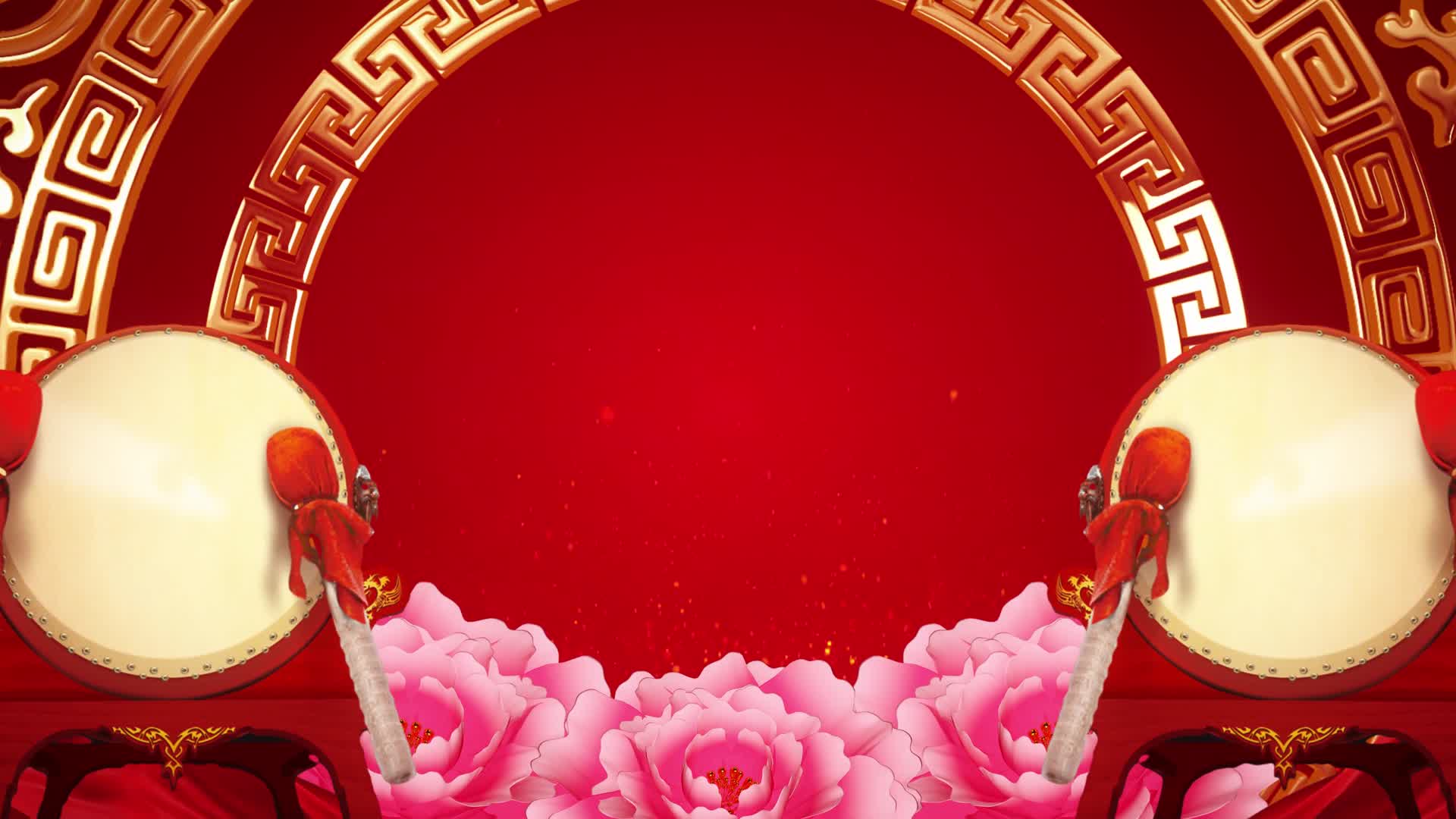 4K红色喜庆大气新年年会锣鼓牡丹背景视频视频的预览图