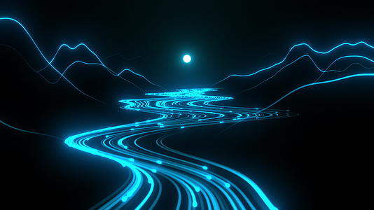 创意蓝色荧光粒子河流蜿蜒群山视频的预览图