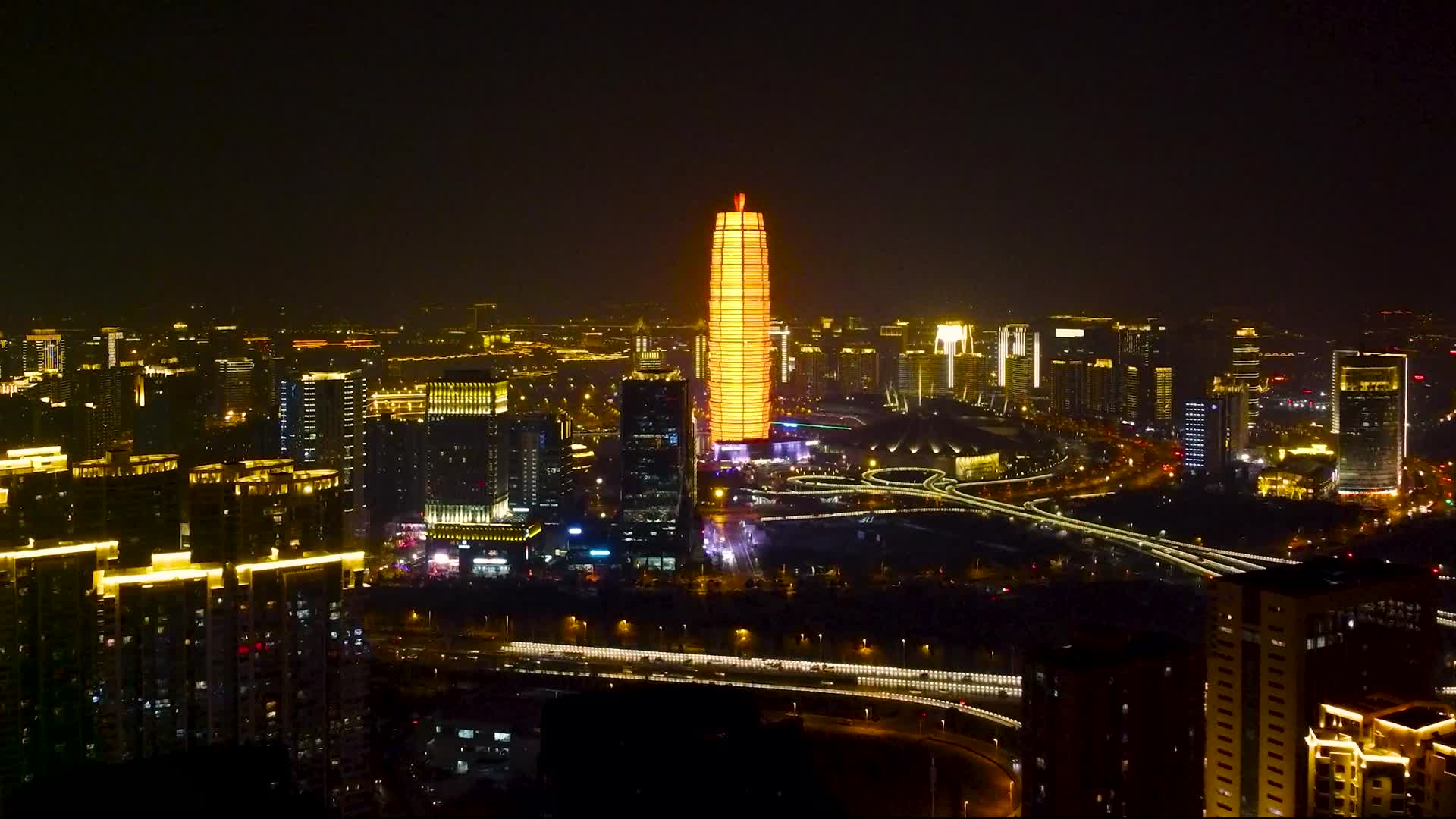 航拍郑州玉米楼CBD繁华夜景视频的预览图