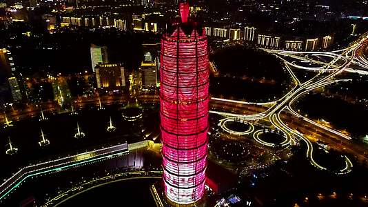 航拍郑州玉米楼唯美红色灯光秀视频的预览图