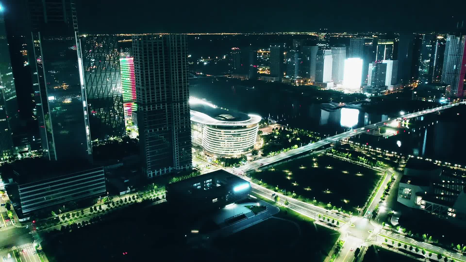 天津滨海新区于家堡商业区夜晚延时航拍视频的预览图