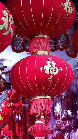 上海豫园商店展示的春节装饰物灯笼视频的预览图