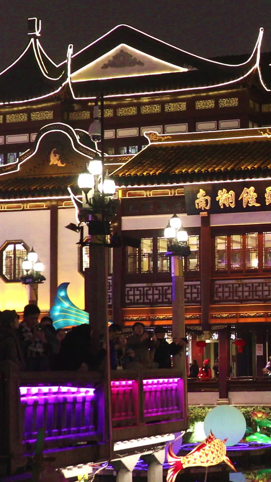 上海豫园街道中国古典建筑夜景视频的预览图