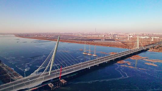 天津冬季独流减河上的团泊新桥风光视频的预览图