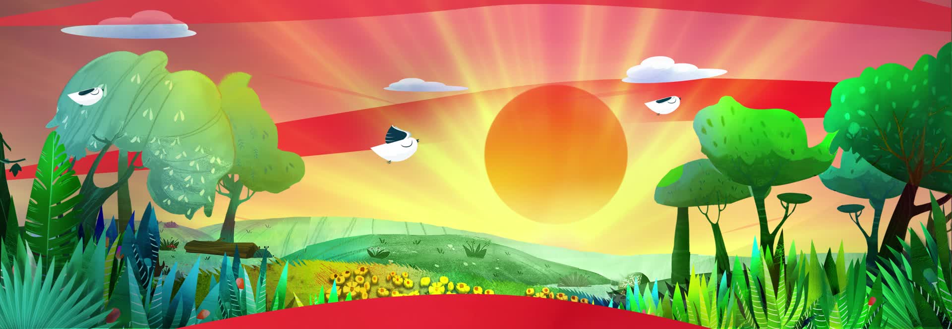 唯美儿童卡通背景森林小树小鸟太阳视频的预览图