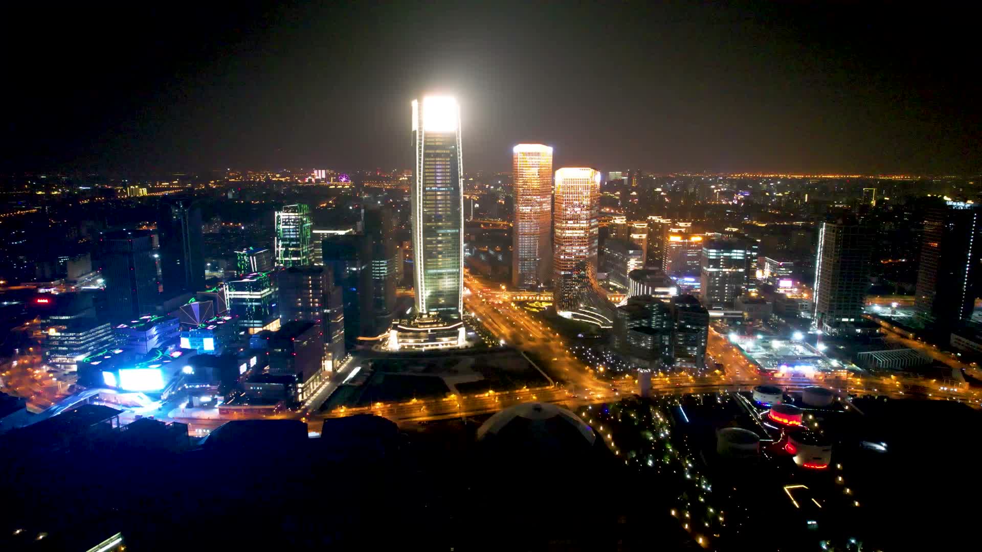 航拍上海国际传媒港灯光秀夜景视频的预览图