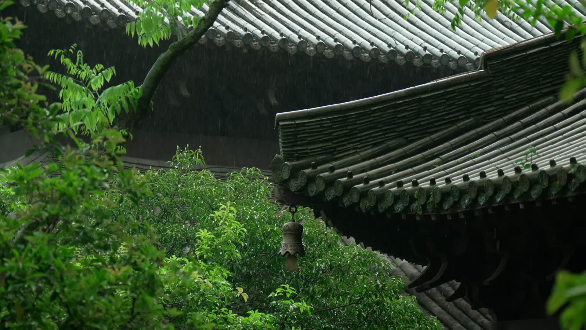 唯美杭州寺庙古建筑下雨天屋檐铃铛树叶视频的预览图