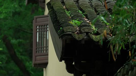 唯美杭州寺庙古建筑下雨天屋檐窗户视频的预览图