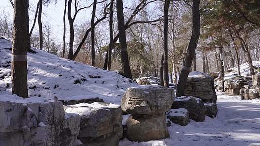落雪假山石岩石圆明园雪景视频的预览图