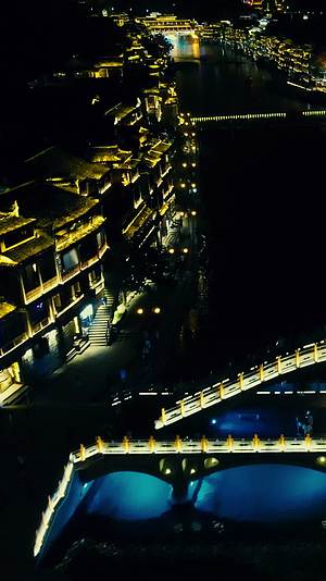 湖南湘西凤凰古城吊脚楼夜景竖屏航拍视频的预览图