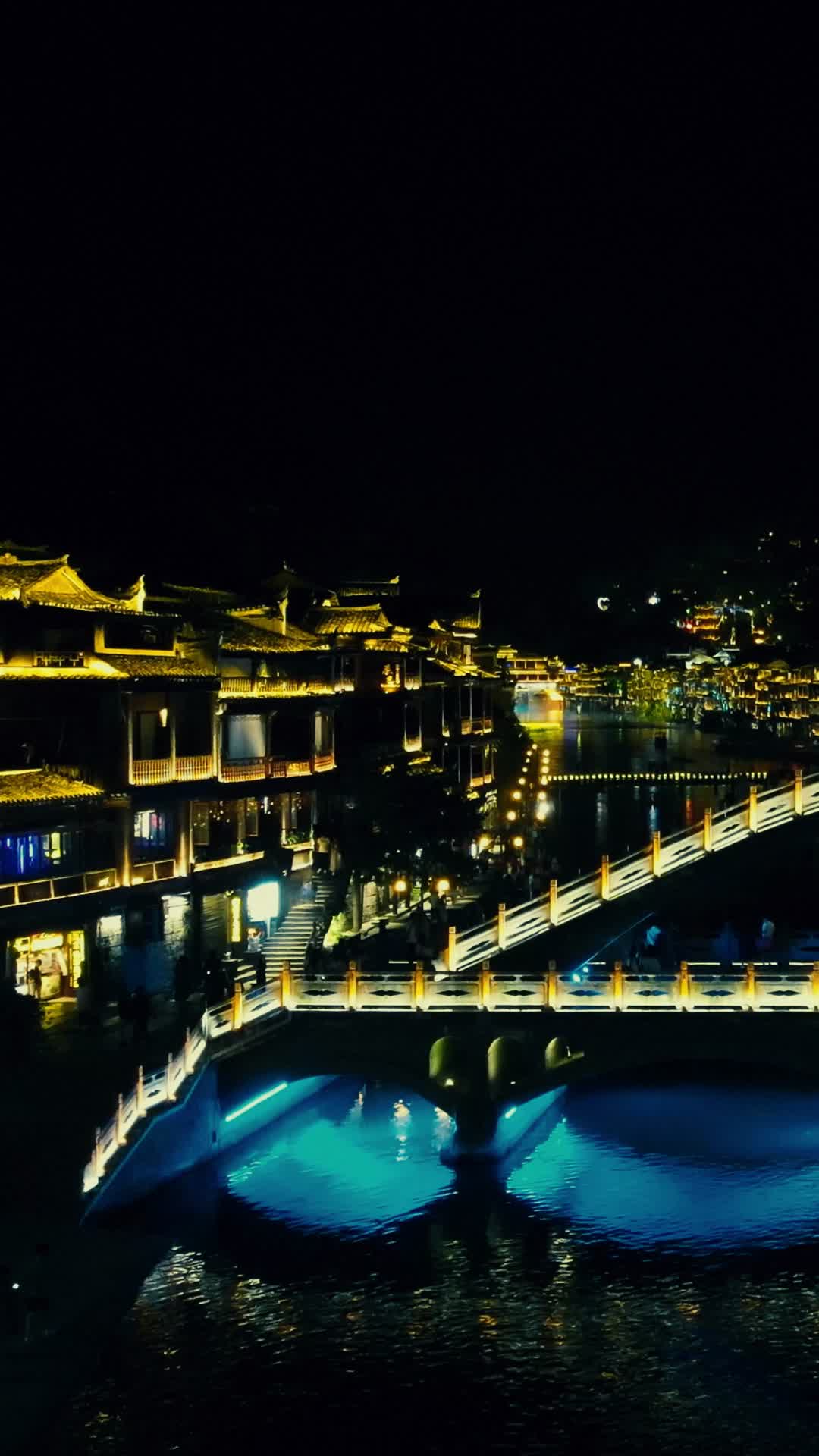 湖南湘西凤凰古城夜景灯光竖屏航拍视频的预览图