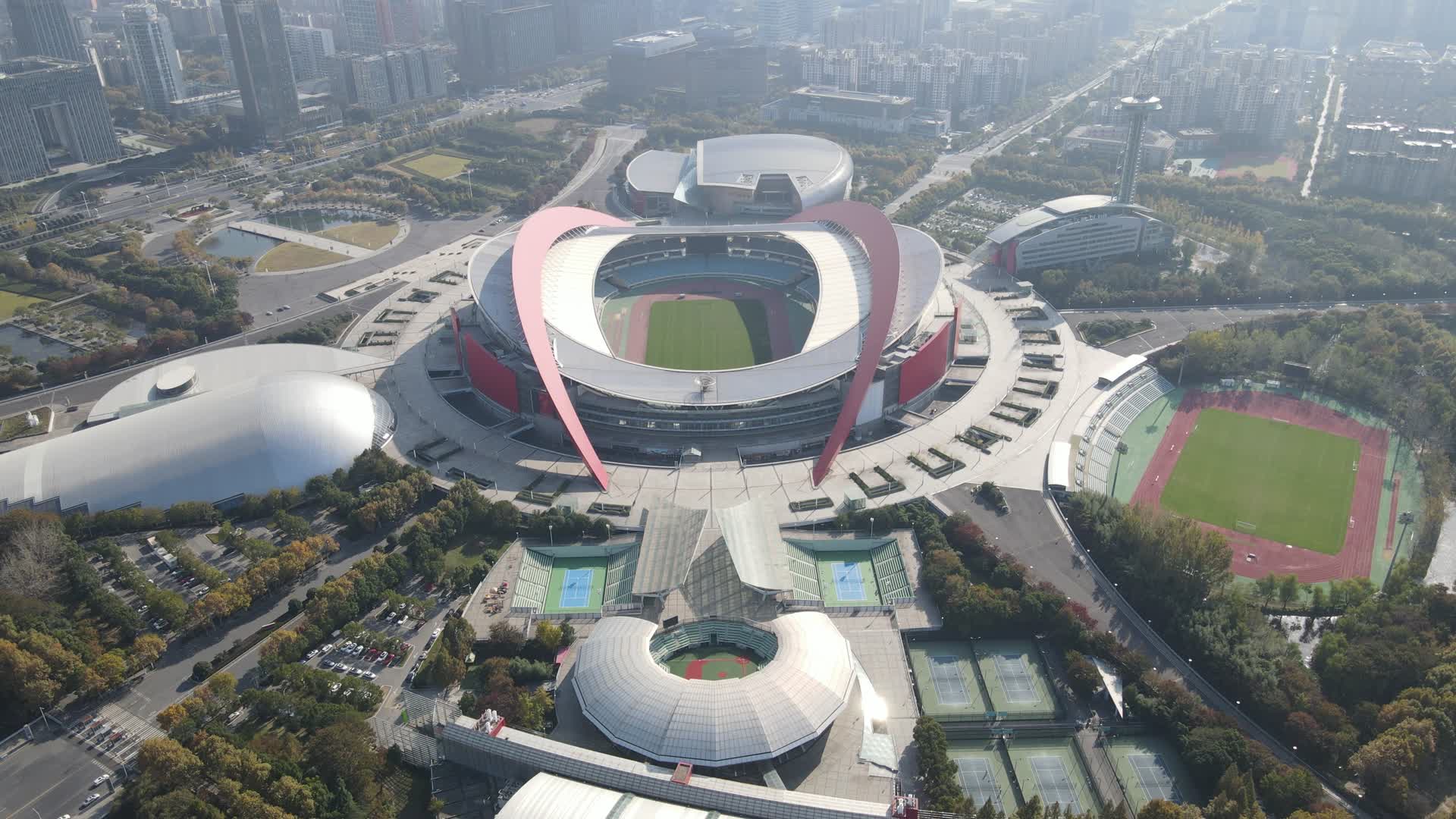 航拍南京南京奥体中心南京河西新城视频的预览图