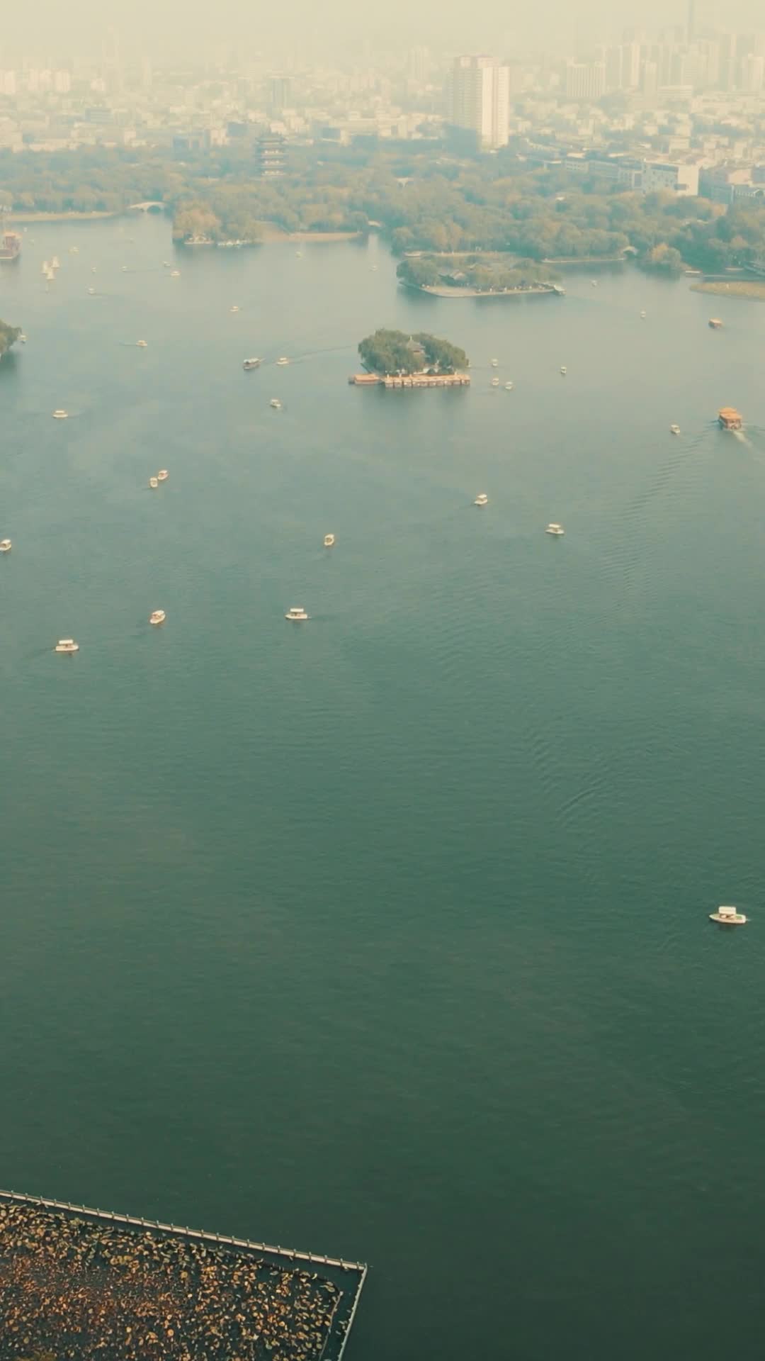 航拍大明湖湖面船只游船竖屏视频的预览图