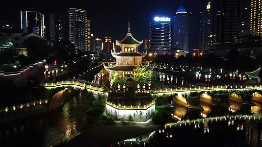 航拍贵州贵阳南明河甲秀楼夜景视频的预览图