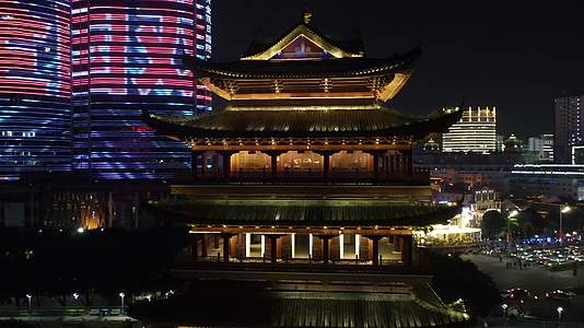 航拍广西南宁城市地标建筑夜景灯光视频的预览图