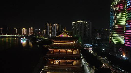 航拍广西南宁城市地标建筑夜景灯光视频的预览图