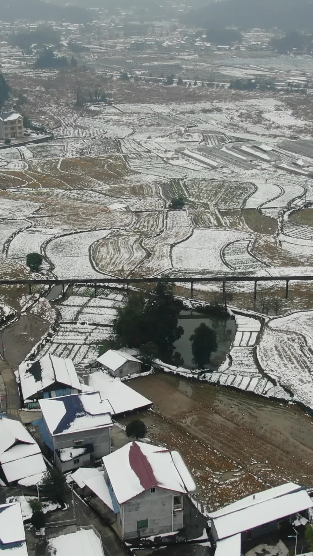 美丽乡村田园冬天雪景竖屏航拍视频的预览图