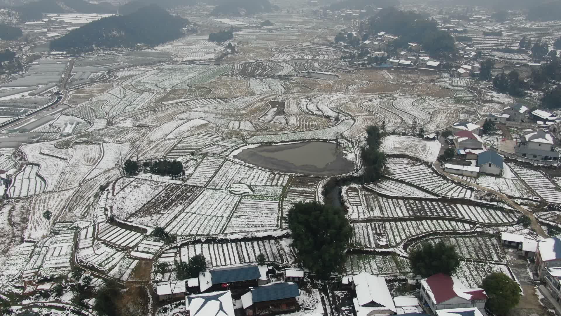 航拍美丽乡村农田雪景视频的预览图