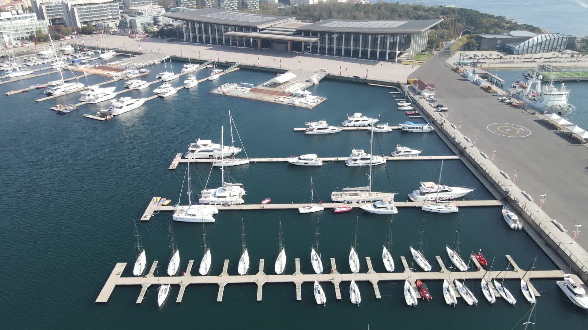 航拍山东青岛奥帆中心帆船码头视频的预览图