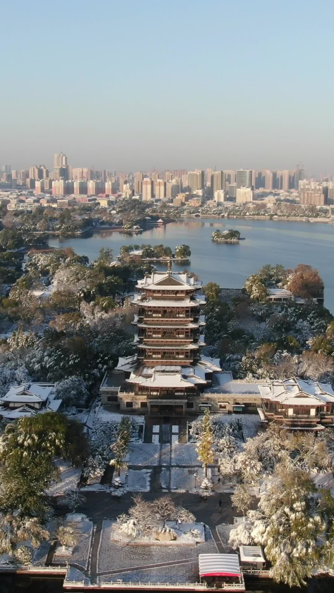 航拍山东济南大明湖5A景区竖屏雪景视频的预览图