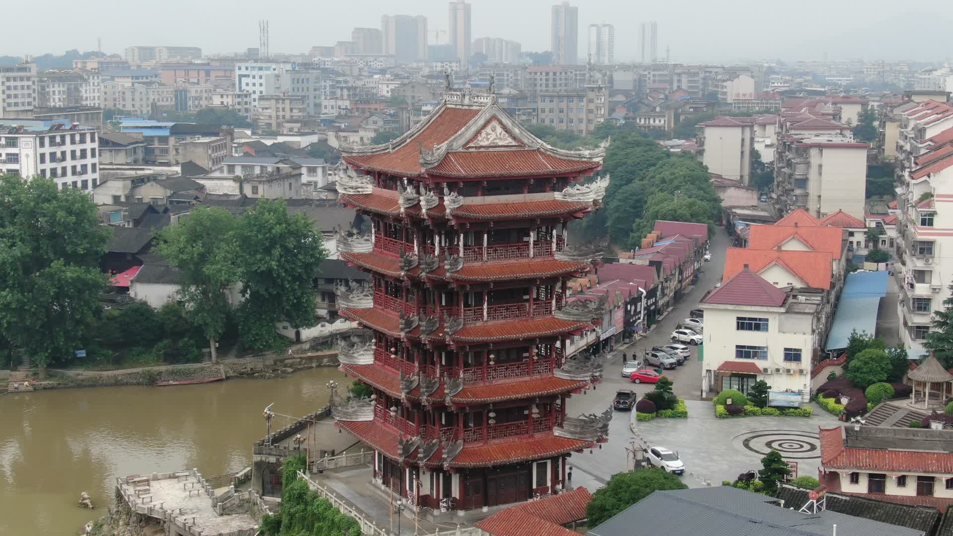 城市航拍湖南靖州地标望江楼古建筑视频的预览图