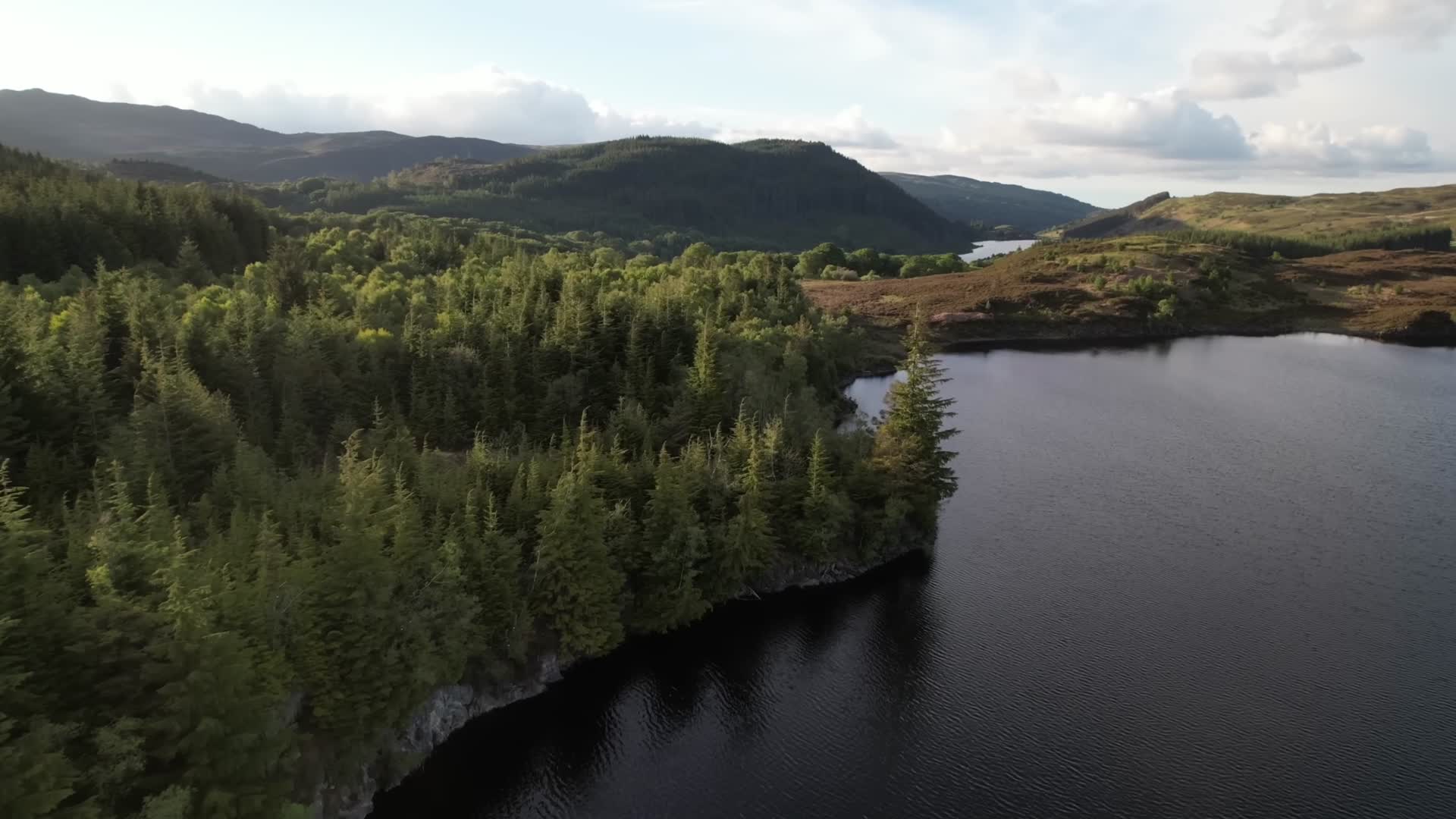 森林湖水群山阳光照耀航拍视频的预览图