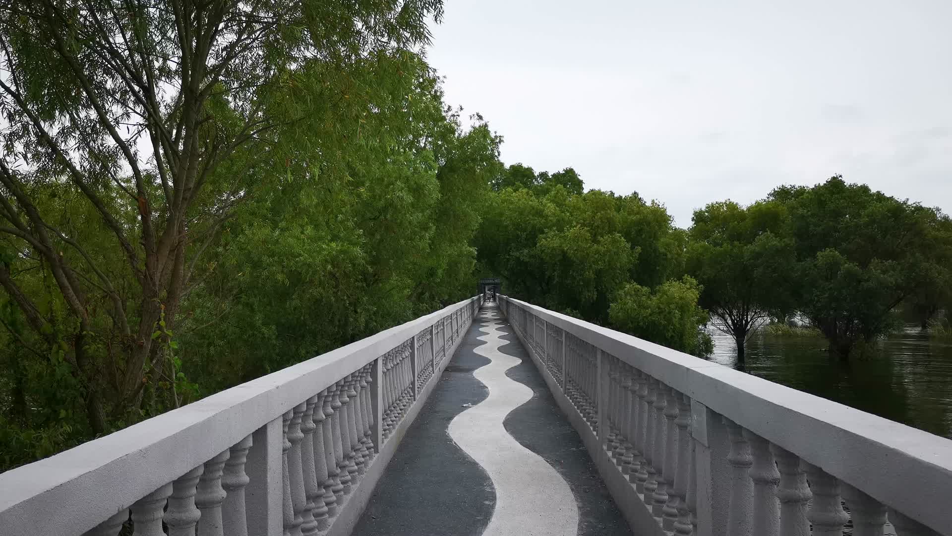 旅游景区湖南岳阳君山岛唯美水上人行道视频的预览图