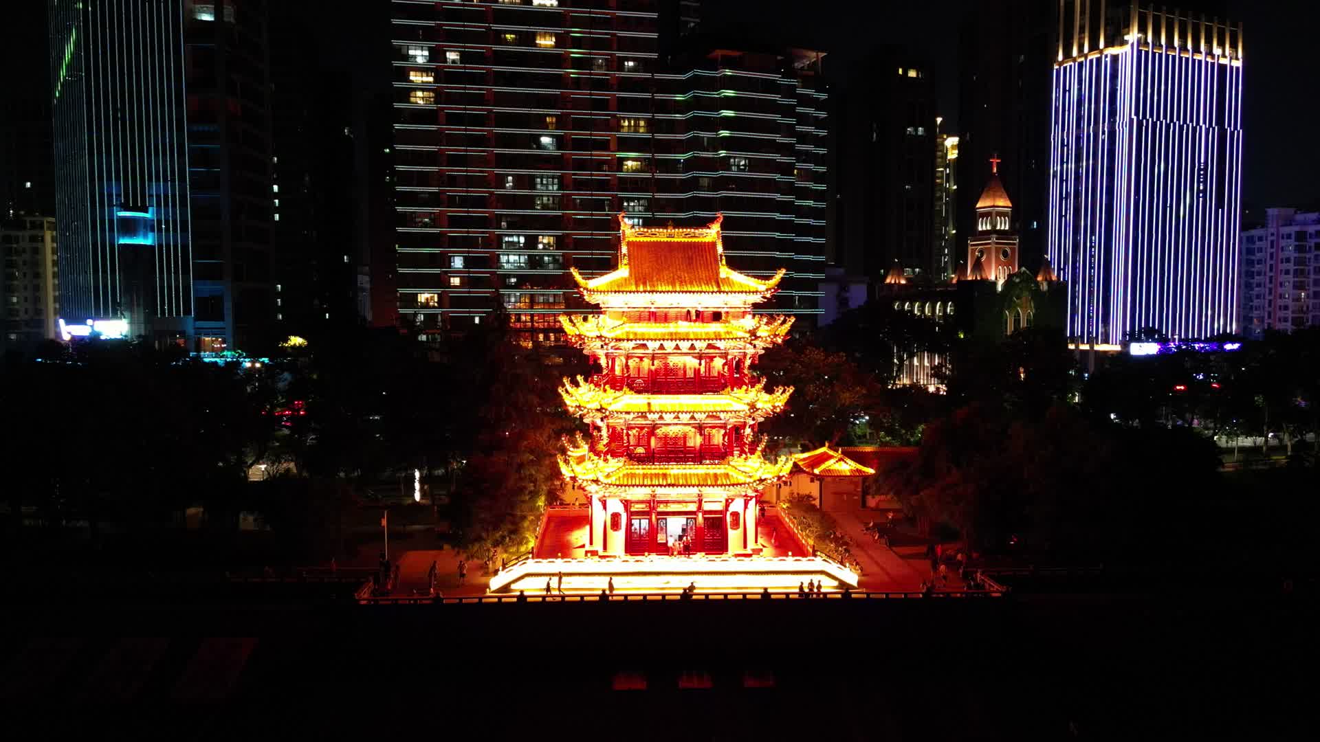 城市航拍湖北宜昌镇江阁夜景视频的预览图