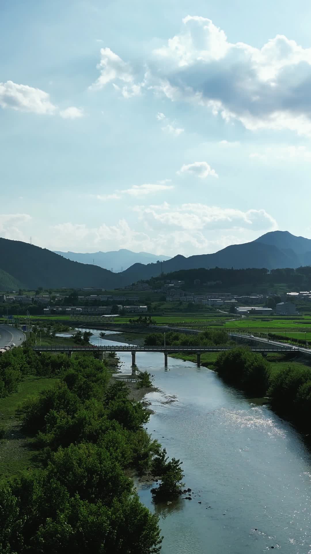 航拍青青河边美丽乡村视频的预览图