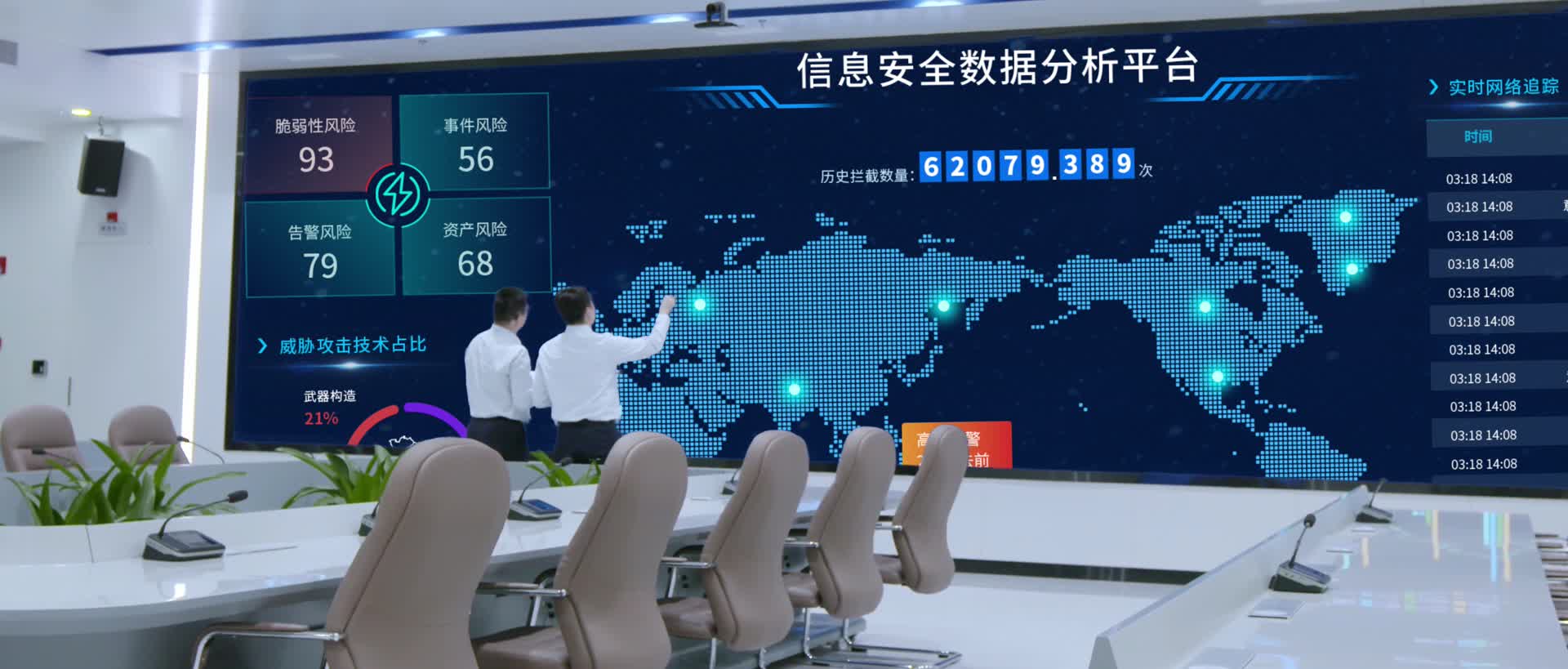 技术员大屏幕前分析信息安全数据视频的预览图