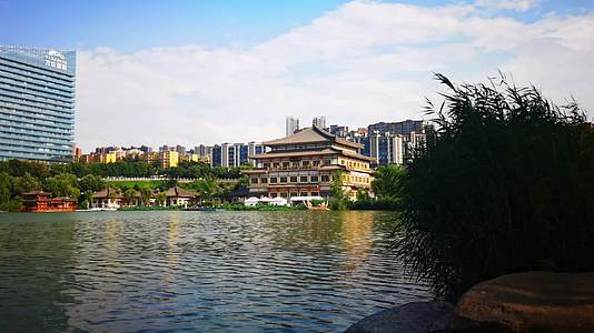 4K高清实拍西安曲江池南湖公园阅江楼优美风景视频的预览图