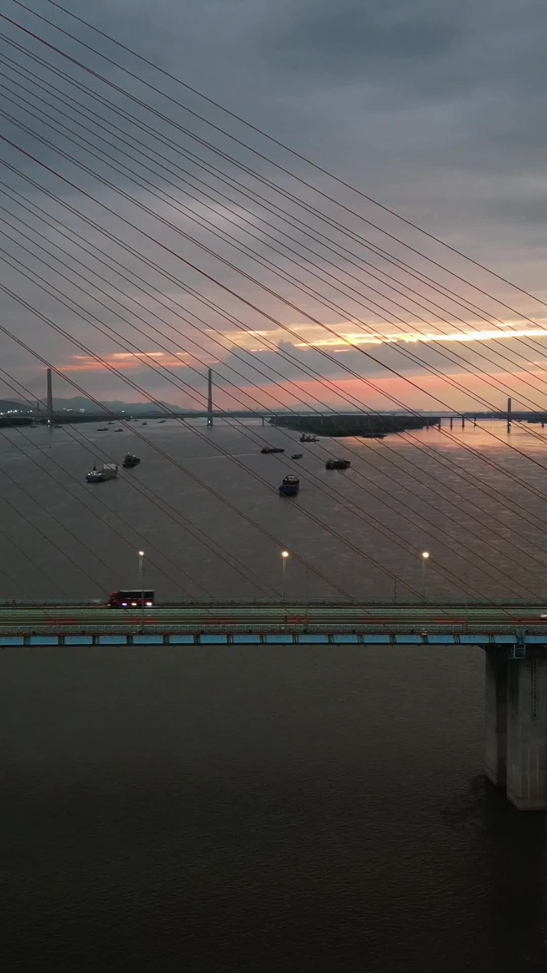 夕阳晚霞长江大桥桥梁车辆行驶竖屏视频的预览图