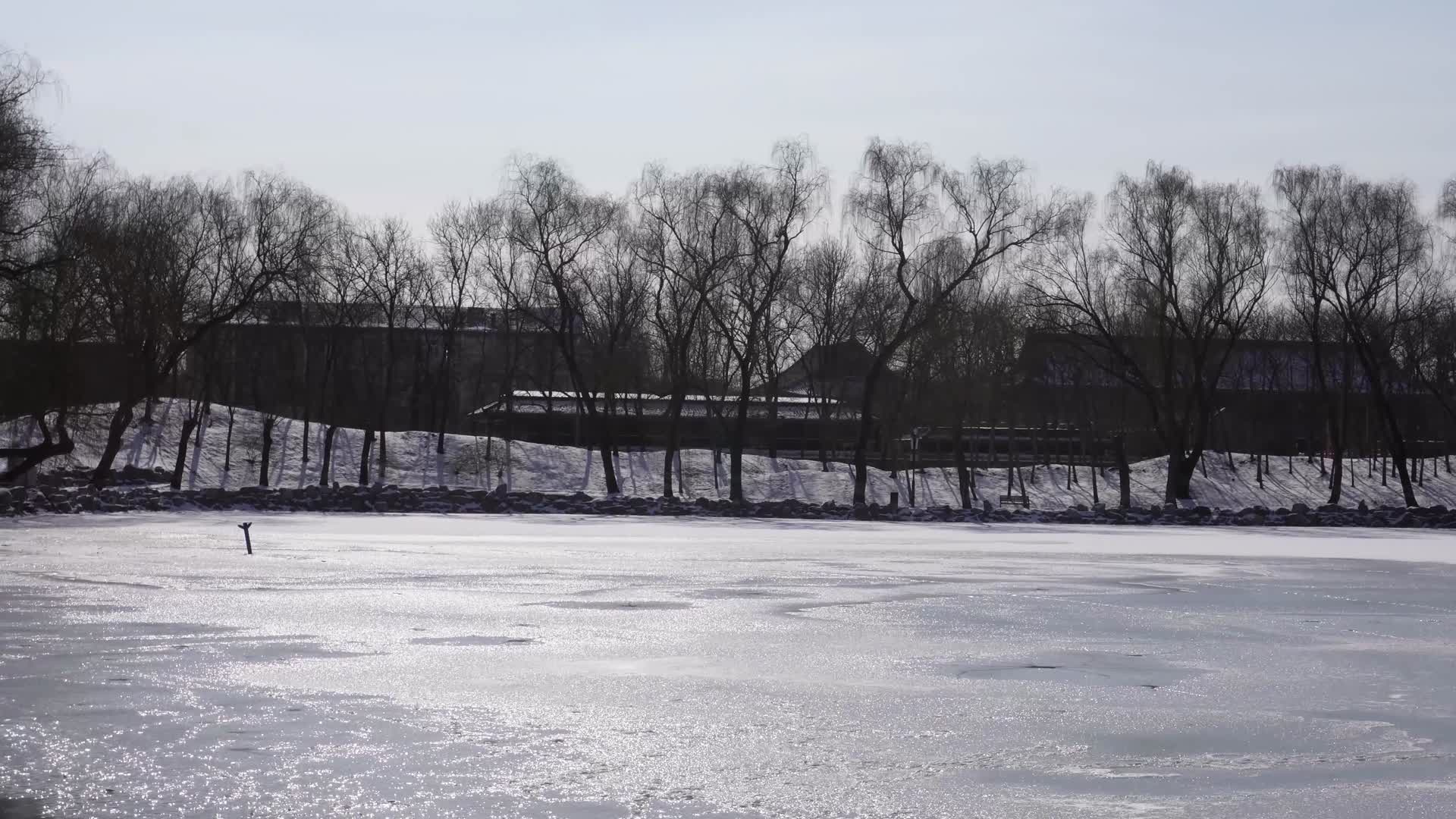 镜头合集冷冻结冰河道冬季河流园林圆明园视频的预览图