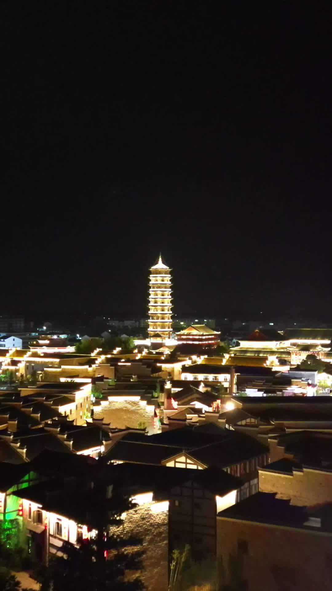 航拍江西抚州文昌里正觉古寺夜景视频的预览图